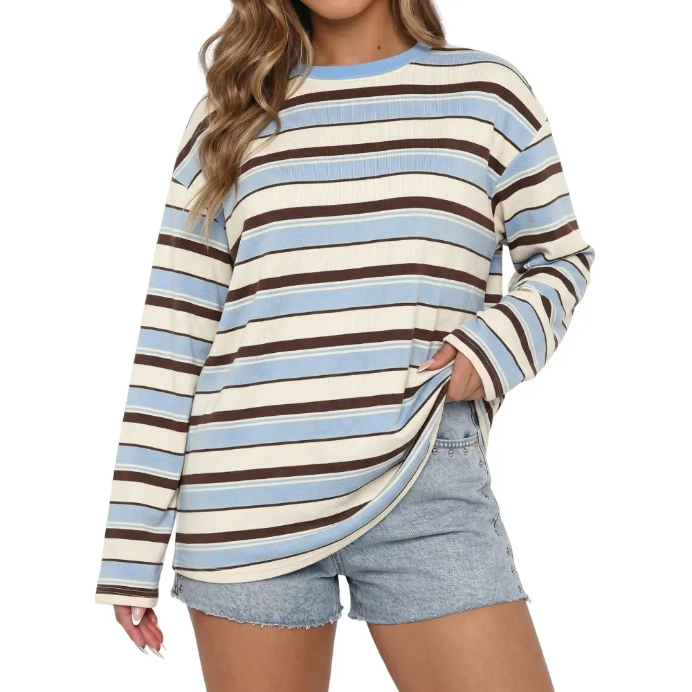 Dokotoo Women's 2026 Striped Print Crewneck Casual Oversized Long Sleeve Knit Comfortable T-Shirt  Tops