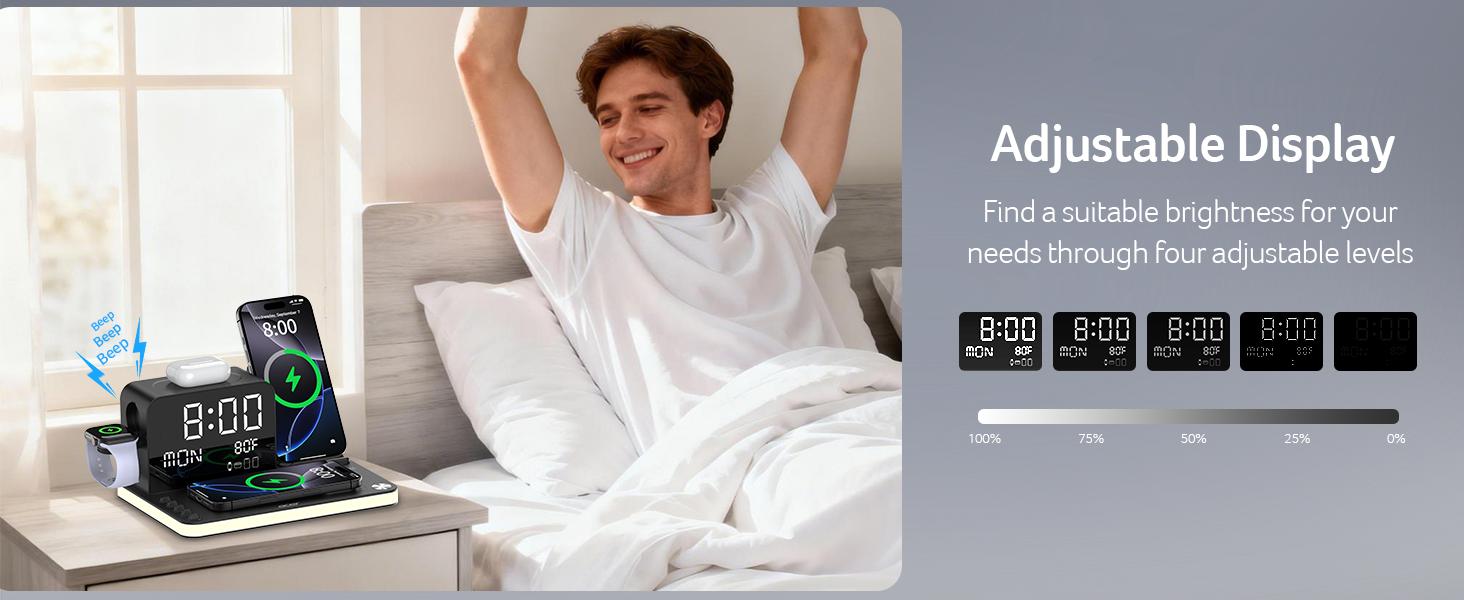Acer 7 in 1 Wireless Charging Station Charger with LED Night Light, Bluetooth Time Sync Clock & Temperature Display, USB-A & USB-C, Magnetic MagSafe – for iPhone, Android Phone, Apple Watch & AirPods, Gift