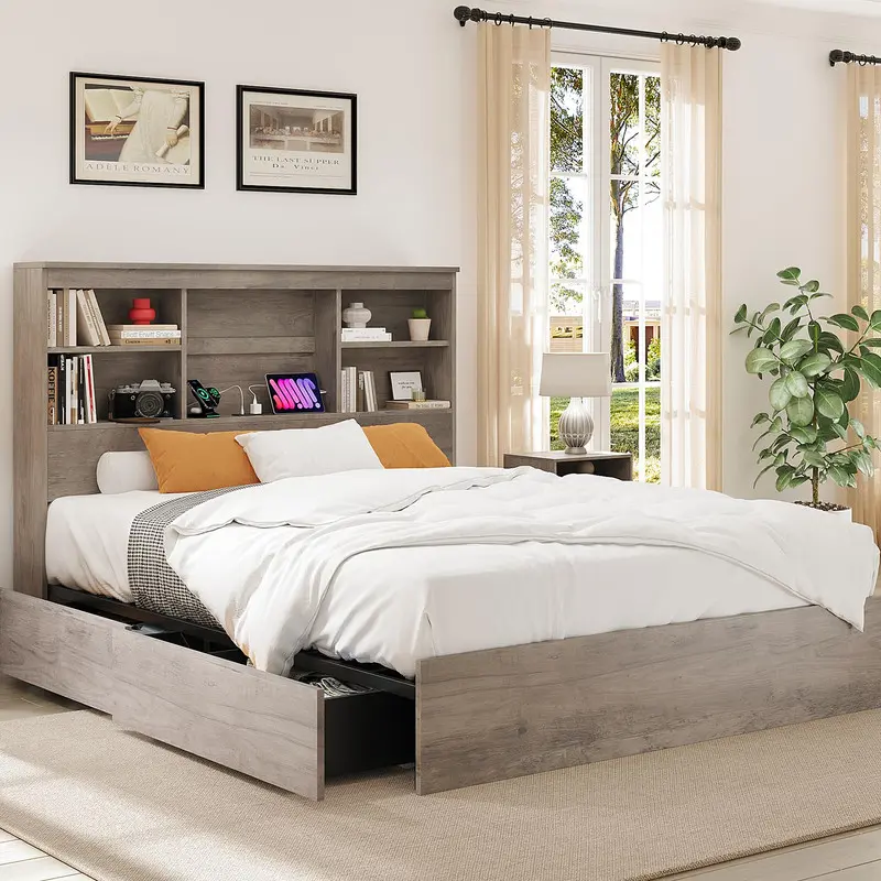Queen Size Bed Frame with High Storage Bookcase Headboard, Wood Bed Frame with 4 Storage Drawers, Built in Charging Station,No Box Spring Needed,Grey