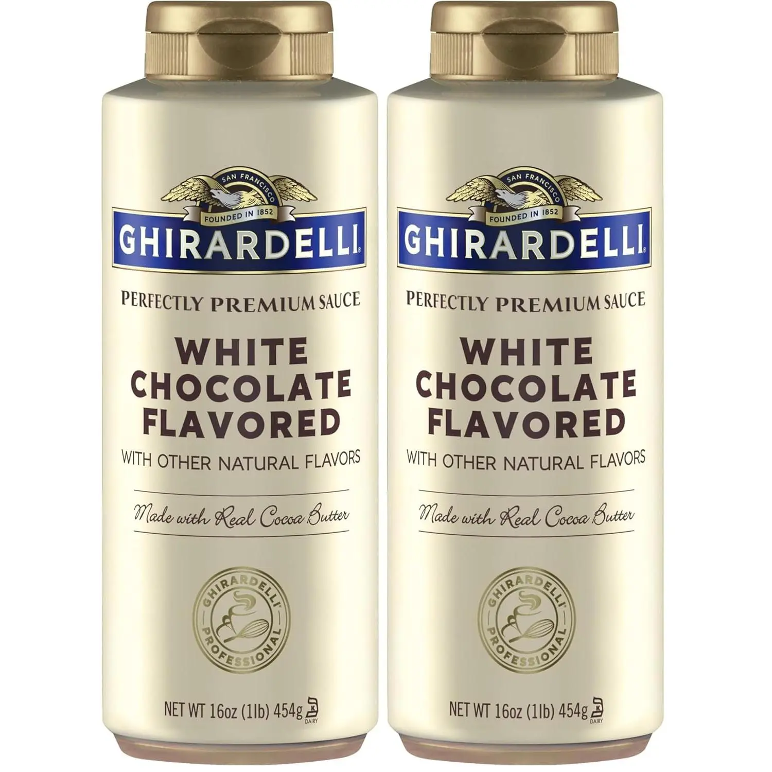 Ghirardelli Creamy Sweet White Chocolate Syrup with Real Cocoa & Potassium Sorbate- a Preservative - 16 oz Squeeze Bottles (Pack of 2), Syrups for Drinks, Suitable for All Ages