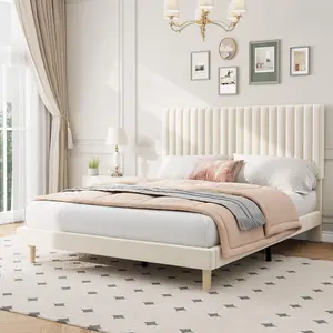 Queen Bed Frame with Adjustable Headboard, Velvet Upholstered Platform Bed Frame Queen Size, Vertical Channel Tufted, Strong Wooden Slats, No Box Spring Needed, Easy Assembly, Beige