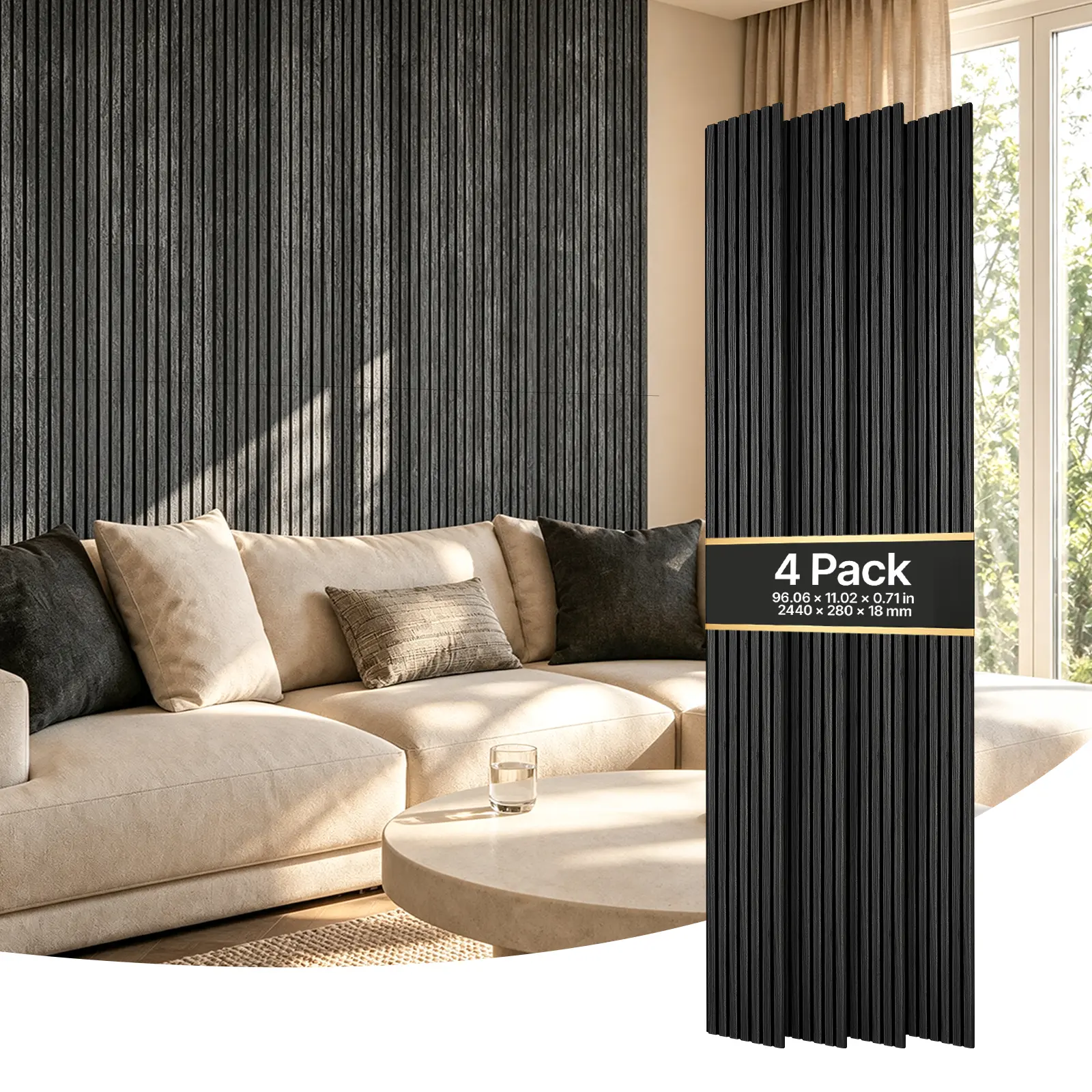 VEVOR Wood Wall Panels, 96.1 x 11 inches, Acoustic Slat Panels, Black Oak, Sound Absorbing for Living Rooms, Bedrooms, Offices, Studios, Interior Wall Decor, MDF & PET Construction, Screw Kit, 4-Pack#BacktoSchool