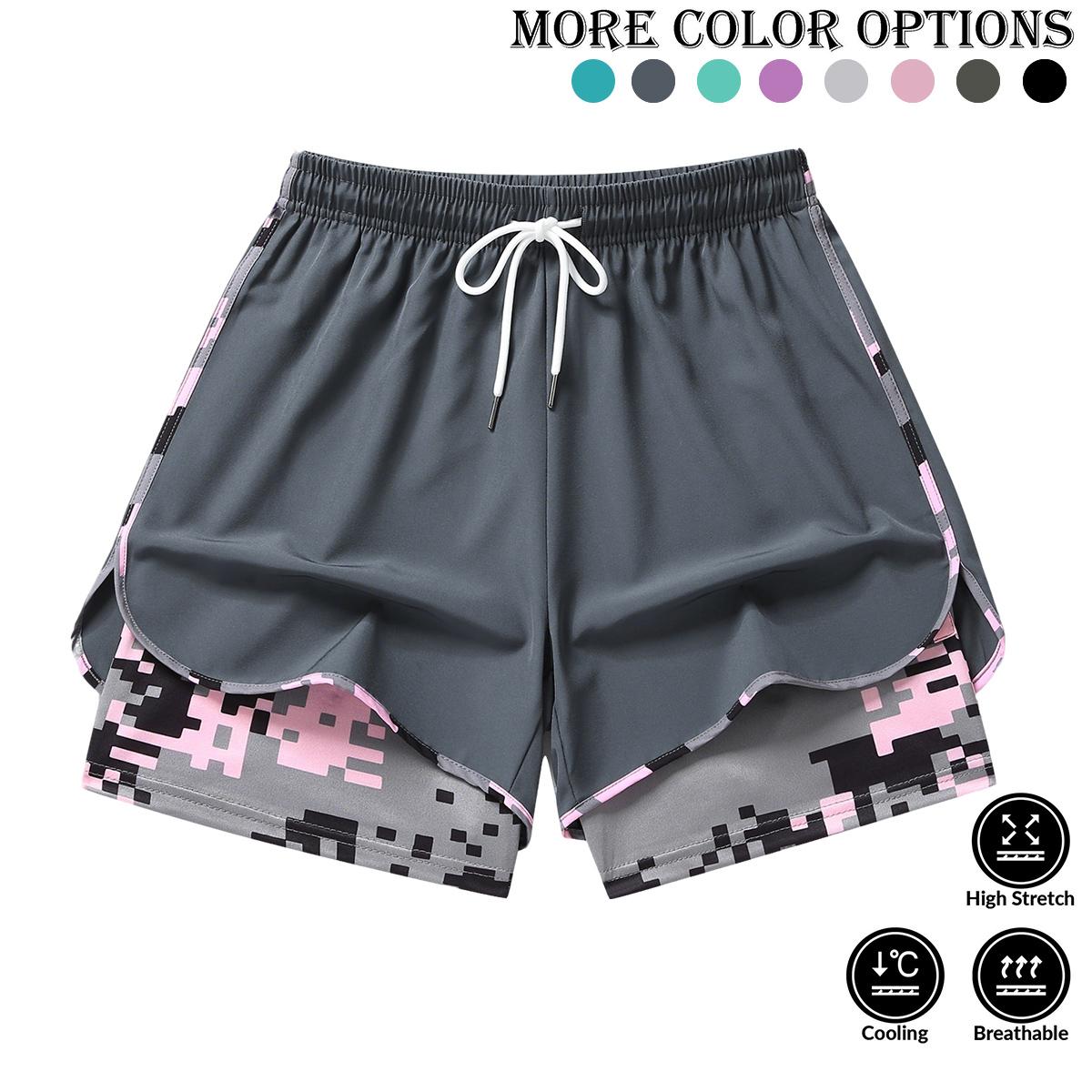 Women’s summer casual athletic shorts featuring a two-piece layered design with camouflage print, suitable for running and everyday workouts