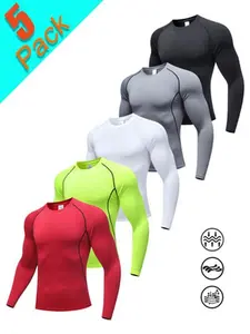 Set of 5 men's long-sleeved athletic tops, including compression shirt styles.  Features a solid color, slim-fit design, and stretchy fabric for excellent flexibility. Made from quick-drying, breathable polyester material, suitable for indoor fitness