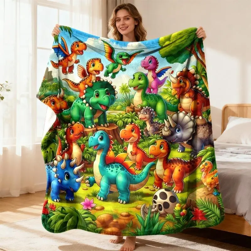 Cute Dinosaurs in a Lush Jungle Pattern Printing Flannel Blanket, Nap Blanket, Trendy Comfortable Study Throw, Superbly Crafted Durable Soft Cozy Bedding Gift for Kids Birthday Room Style