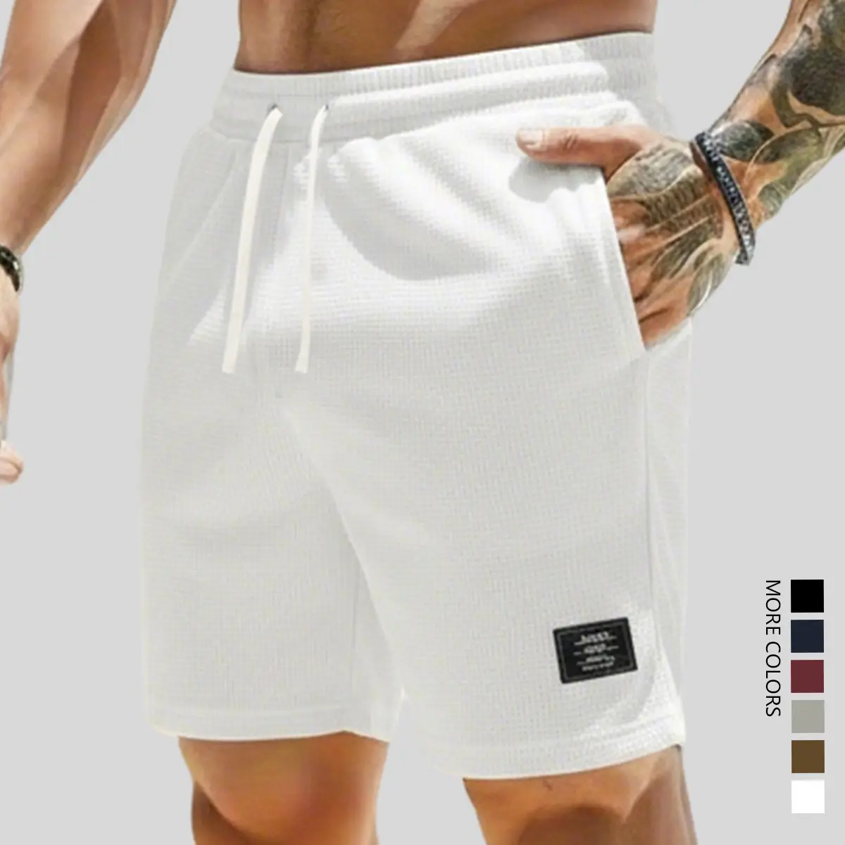 Men’s waffle-textured shorts with a checkered pattern, drawstring elastic waistband, soft and comfortable feel; pairs well with plaid shirts, printed short-sleeve summer clothing.