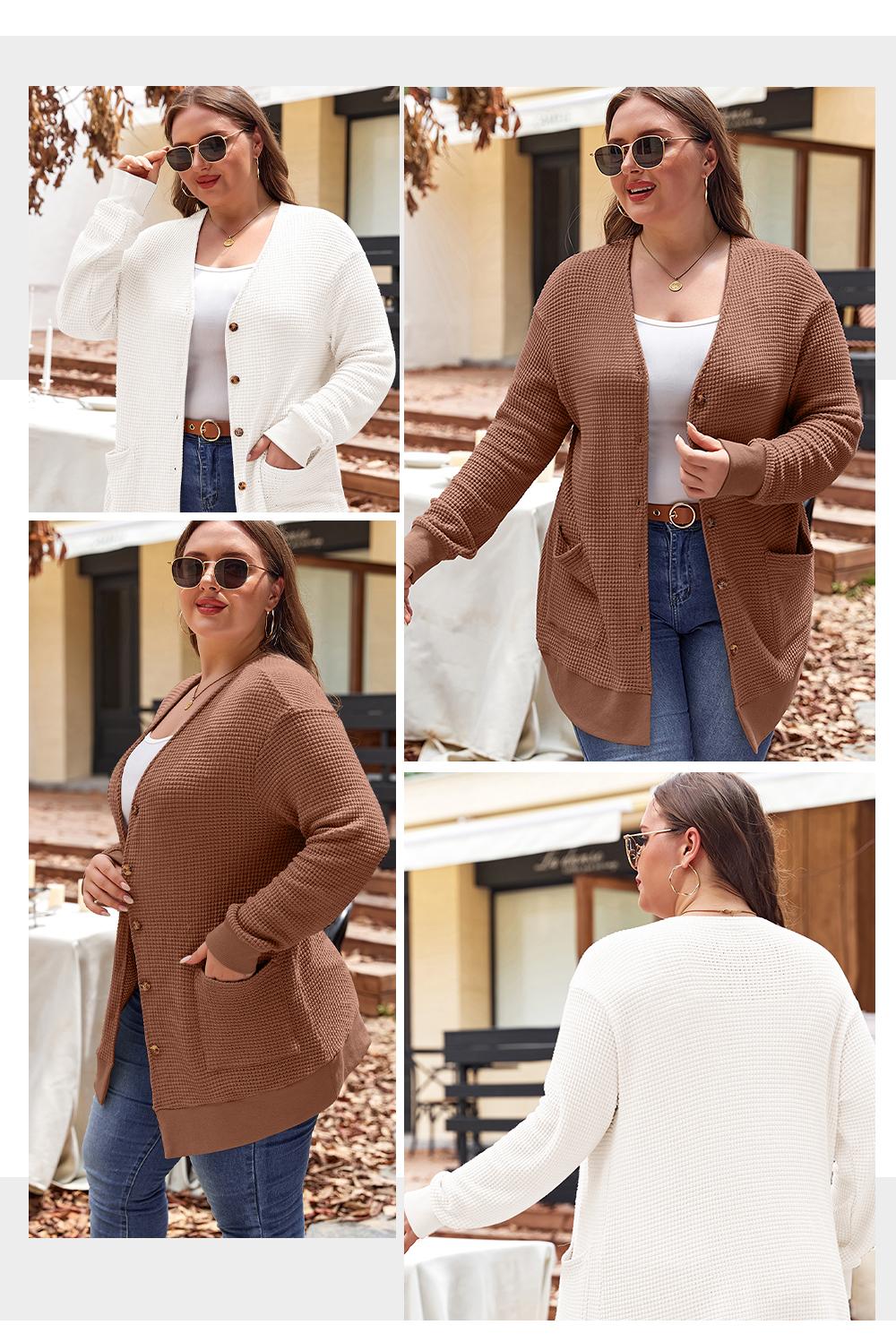 Aleumdr Women's Plus Size Cardigans Casual Long Sleeve Waffle Knit Front Button Tops 1X-5X Soft Breathable Stretchy Skin-Friendly Comfortable Everyday Wear  Knitwear Womenswear Shirts Blouses Basic SpringStatements