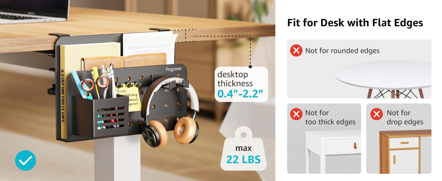 Desk Side Storage Organizer, No Drill Under Desk Laptop Holder, Clamp on Desks Shelf with Pegboard Accessories, Hanging Laptop Mount, Fits Flat Edge 0.4" to 2.2"