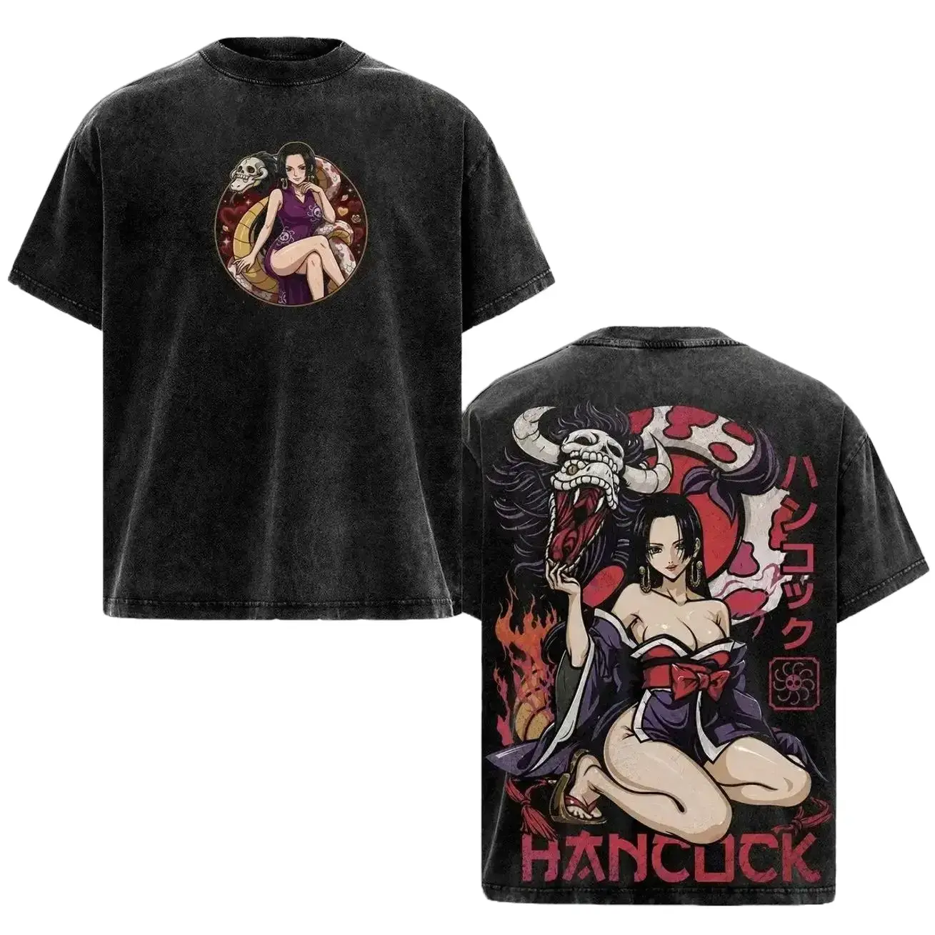 Men's Boa Hancock OP Vintage Washed Cotton T-Shirt - Pirate Empress Waifu Graphic Top, Casual Short-Sleeve Japanese Manga Streetwear Gift for Anime Fans I8P, Shortsleeve