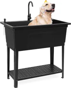 ROVSUN 37-Gallon Freestanding Utility Sink with Faucet, 36" Heightened Basin for Laundry, Garage, Outdoor Garden, Pet Wash, Heavy Duty Plastic Laundry Tub with Storage Shelf, 40"L×24"W×36"H