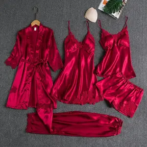 Women's Summer Ice Silk Sexy Homewear Spring and Long Sleeve Thin Plus Size Five-Piece Set Bathrobe Seductive Ice Silk Five-Piece Pajama Suit • Womenswear Pjs