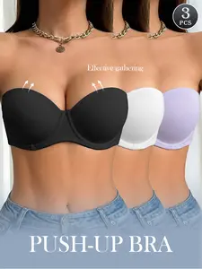 Ecomilky Women's 3-Pack Strapless Push-Up Bra - Half Cups, Detachable Shoulder Straps, Anti-Sagging Support, Comfortable Wireless Bandeau, Polyester-Nylon Fabric, Minimalist Basic Style Everyday Womenswear
