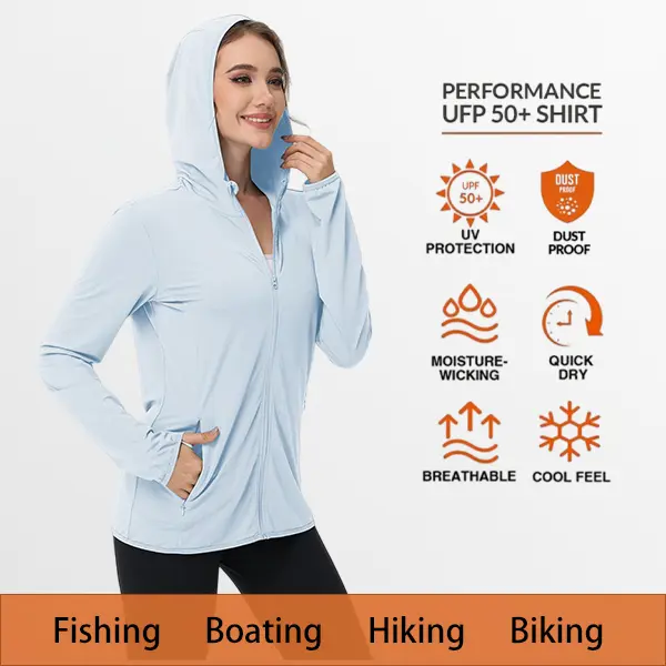 Women’s UPF 50+ Sun Protection Hooded Long-Sleeve Shirt, Anti-Rash, Lightweight Outdoor UV Jacket/Shirt, Available in Multiple Colors
