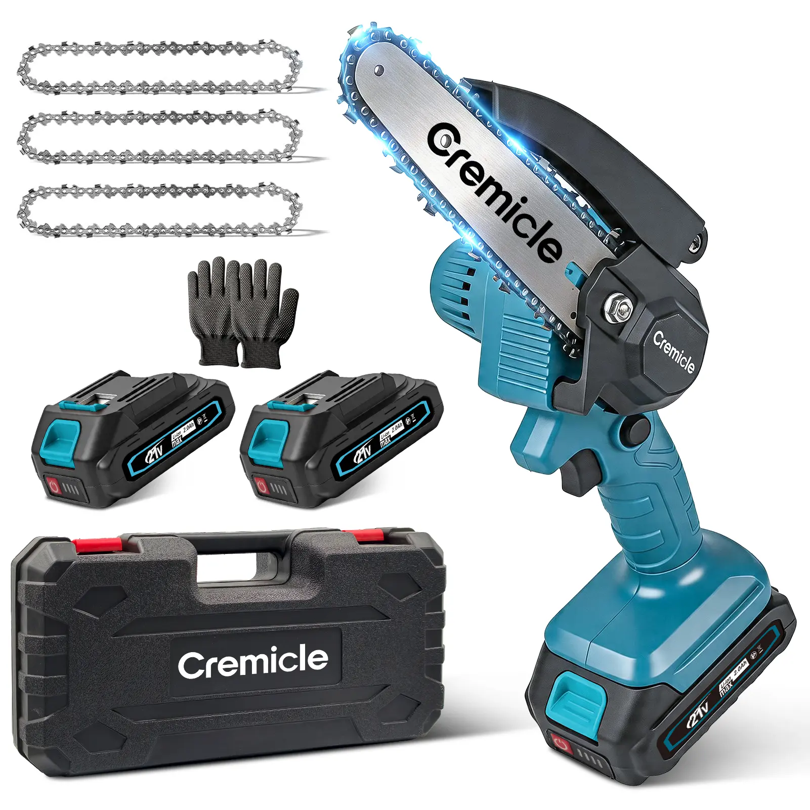 6-Inch Cordless Mini Chainsaw, 21V Battery-Powered Chain Saw with 2 Batteries, 3 Chains & 1 Pair of Protective Gloves for Gardening, DIY Projects, Tree Trimming & Wood Cutting