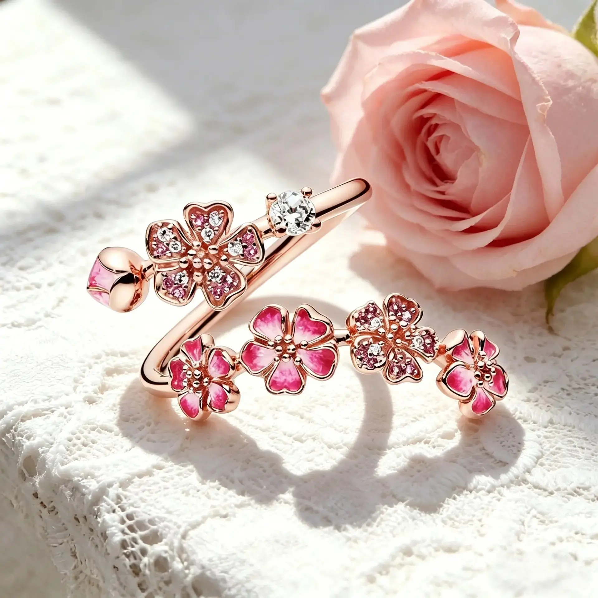 Plated Peach Blossom Ring for Women, Adjustable Pink Flower Ring, Dainty Floral Jewelry Gift for Her, Cute Everyday Ring, for Bff Girlfriend Wife Daughter , Washable and fade-resistant perfect valentine minimalist gold color anxiety relief couple