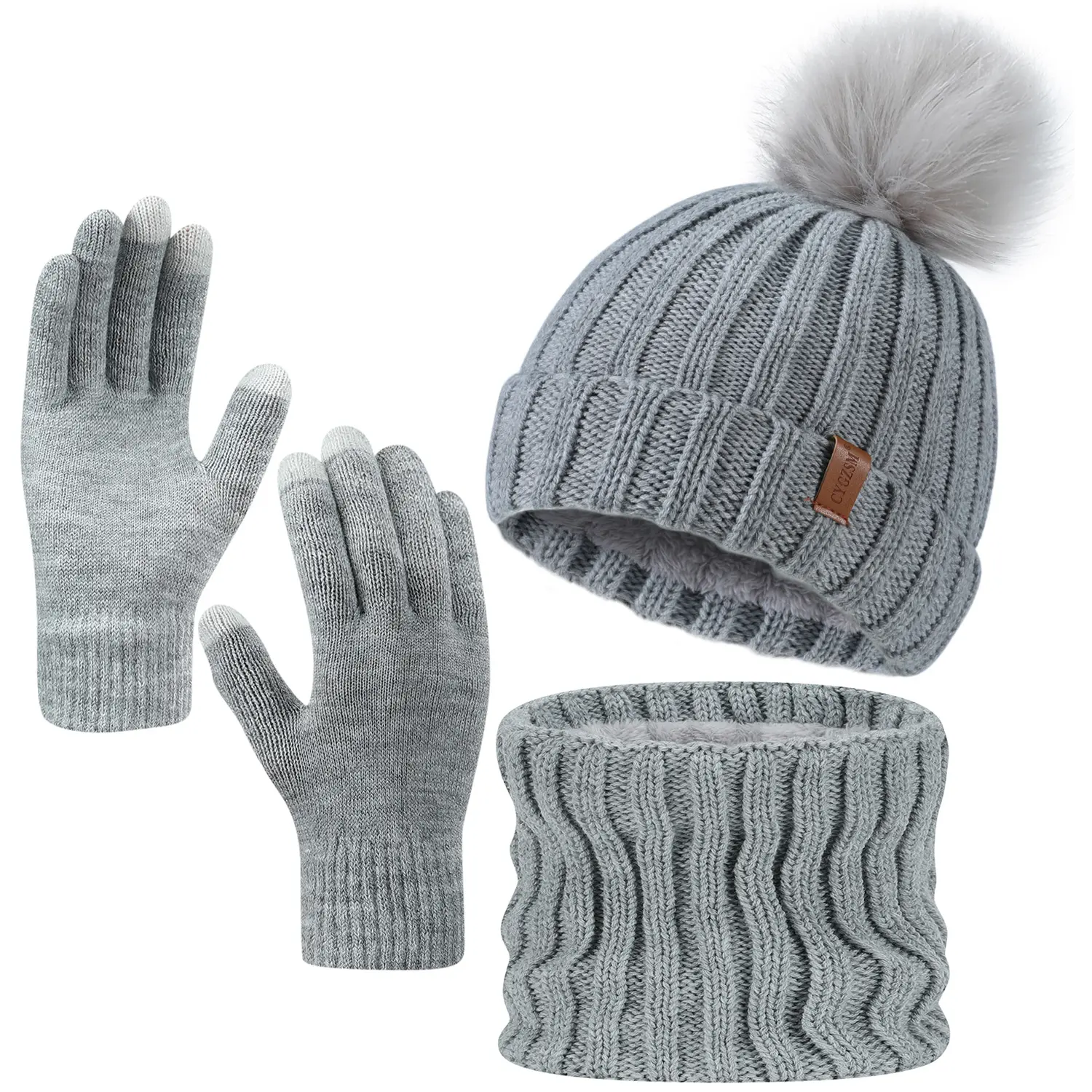 Women's Solid Color Pom Pom Decor beanie hat, Autumn and winter leisure warm knitted hat, scarf, gloves three-in-one set,Fashion