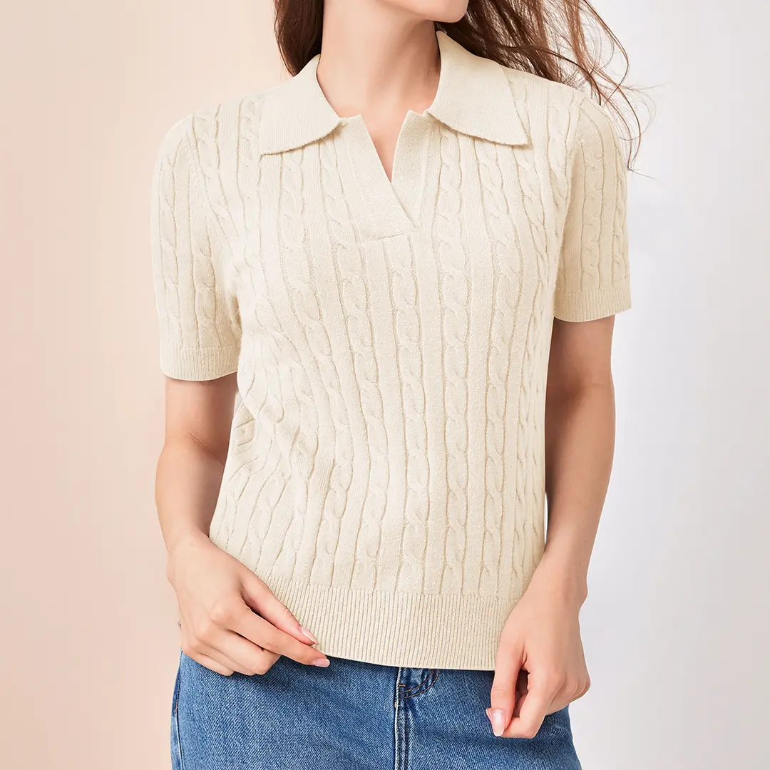 Saodimallsu Women's Minimalist Cute Cable Short-Sleeve V-Neck Lapel Knit Pullover, Soft Solid Casual Women's Clothes Top for Daily Wear,back to school,back to school shopping, Knitwear,clothes for back to school,first day of school outfits