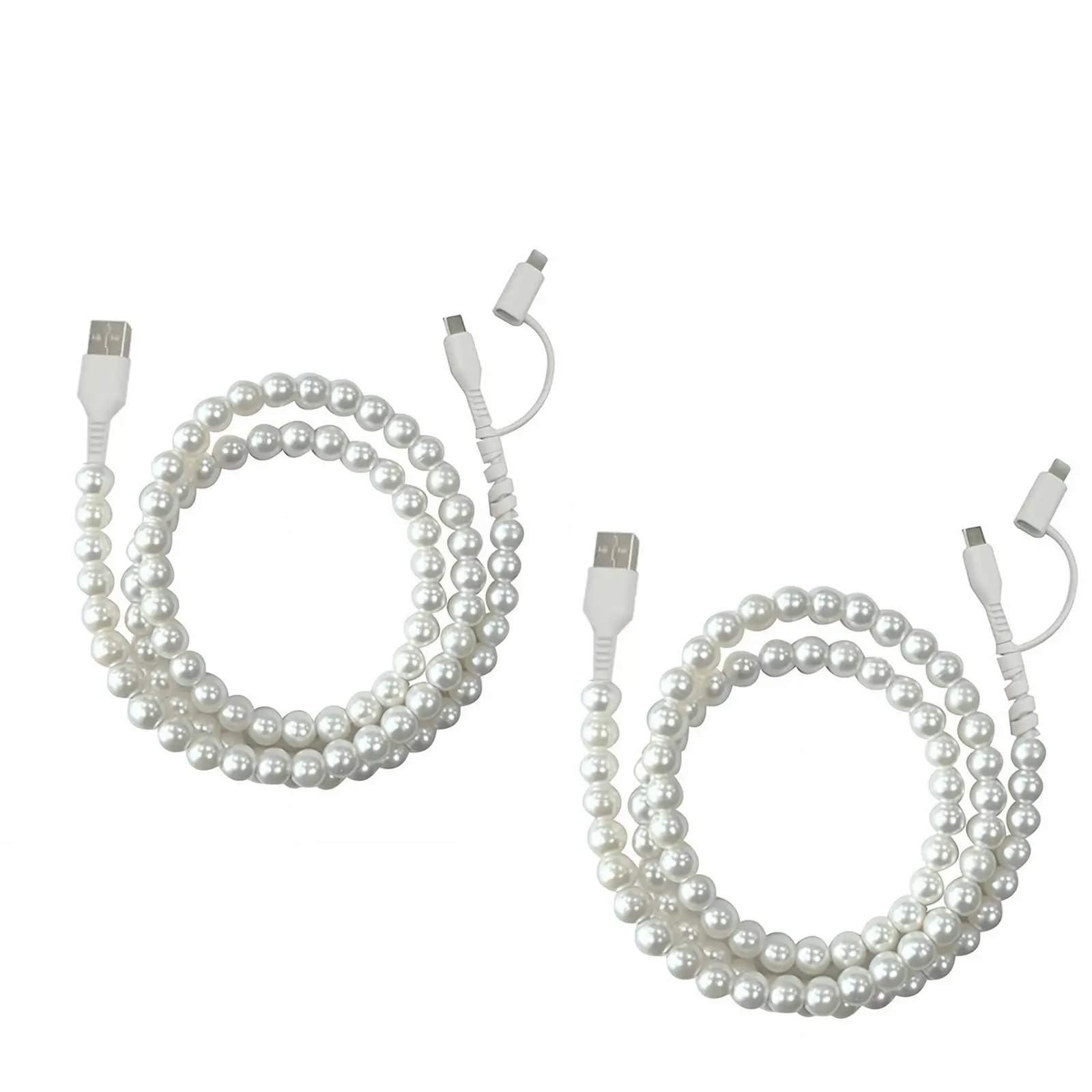 Summervibes Beaded 2-in-1 & 4-in-1 Mobile Charging Cables - 2pcs Silver USB Chargers, Fast Charging with USB-C/Lightning Connectors, Compatible with Smartphone & All Devices Complete Charging Solution