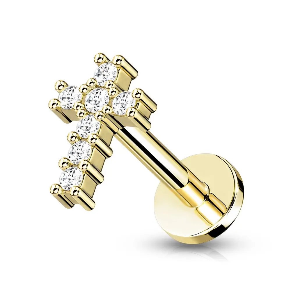 Internally Threaded CZ Crystal Paved Cross Top Flat Back Labret Monroe Lip Cartilage Helix Ear Lobe Stud  - 316L Stainless Steel