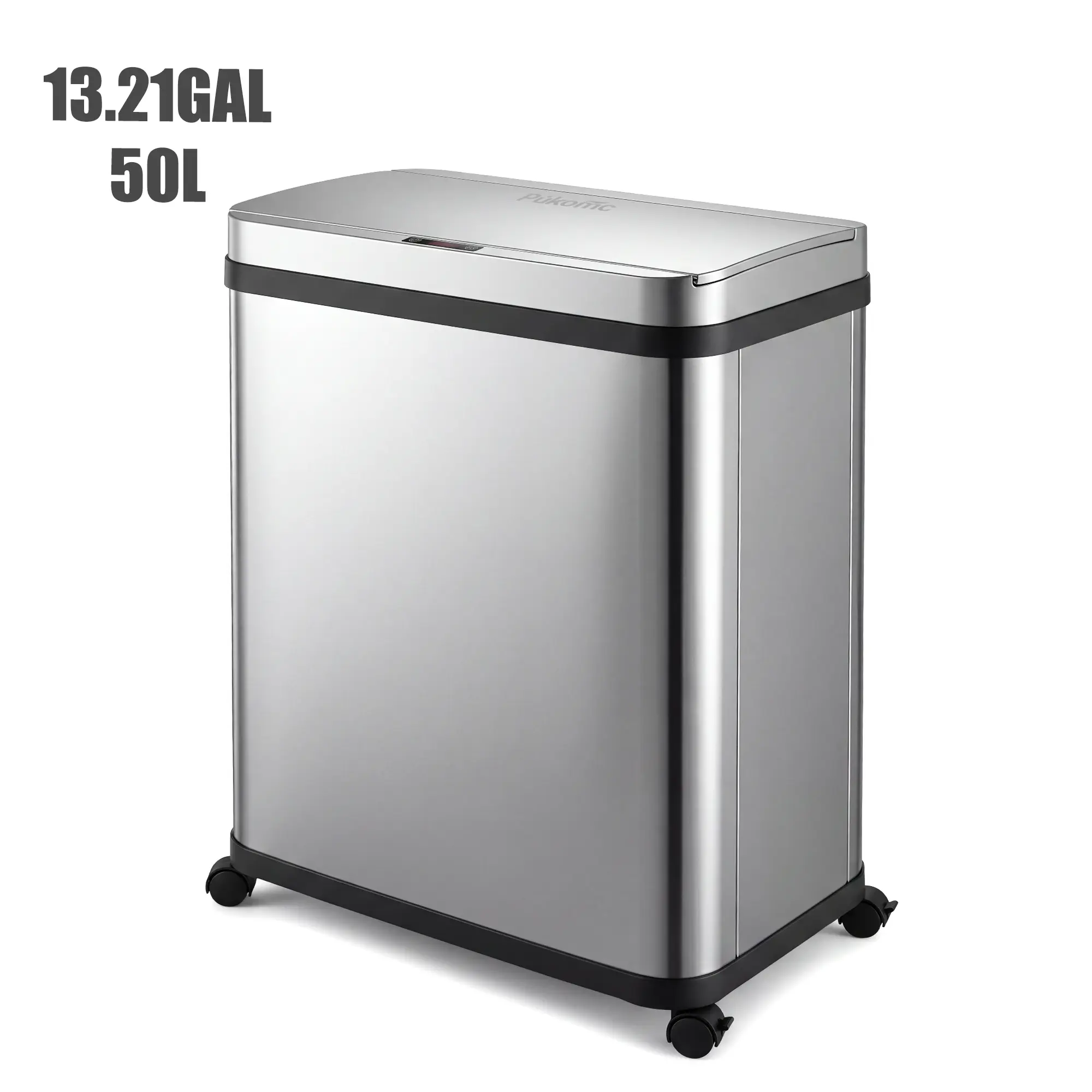 Pukomc 50L(13.21Gal) Large Capacity Stainless Steel Kitchen Compost Trash Can, Touchless Motion Sensor Automatic Lid, Equipped with 4 Universal Casters (2 Lockable Brake Wheels), Movable Waste Garbage Bin for Home Kitchen Use homeessentials