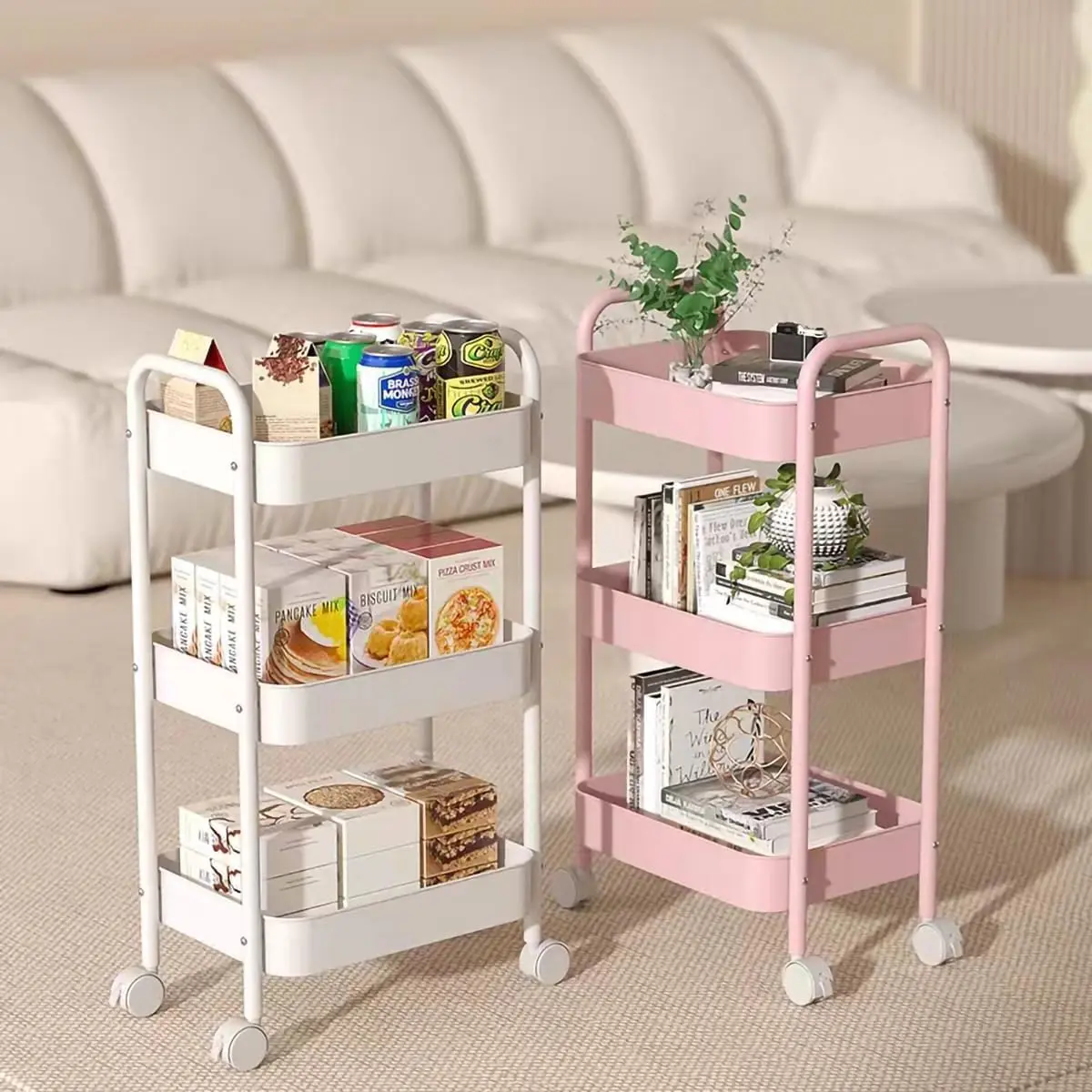 Rolling Three-Tier Storage Cart Heavy Duty Metal Mesh Organiser Rack Lockable Wheels 66lbsmax Storage for Kitchen Office Book Tool Monitor Shelf Dresser Organizer Bathroom Closet Multi-Functional Garage Home Decor Pink Cart