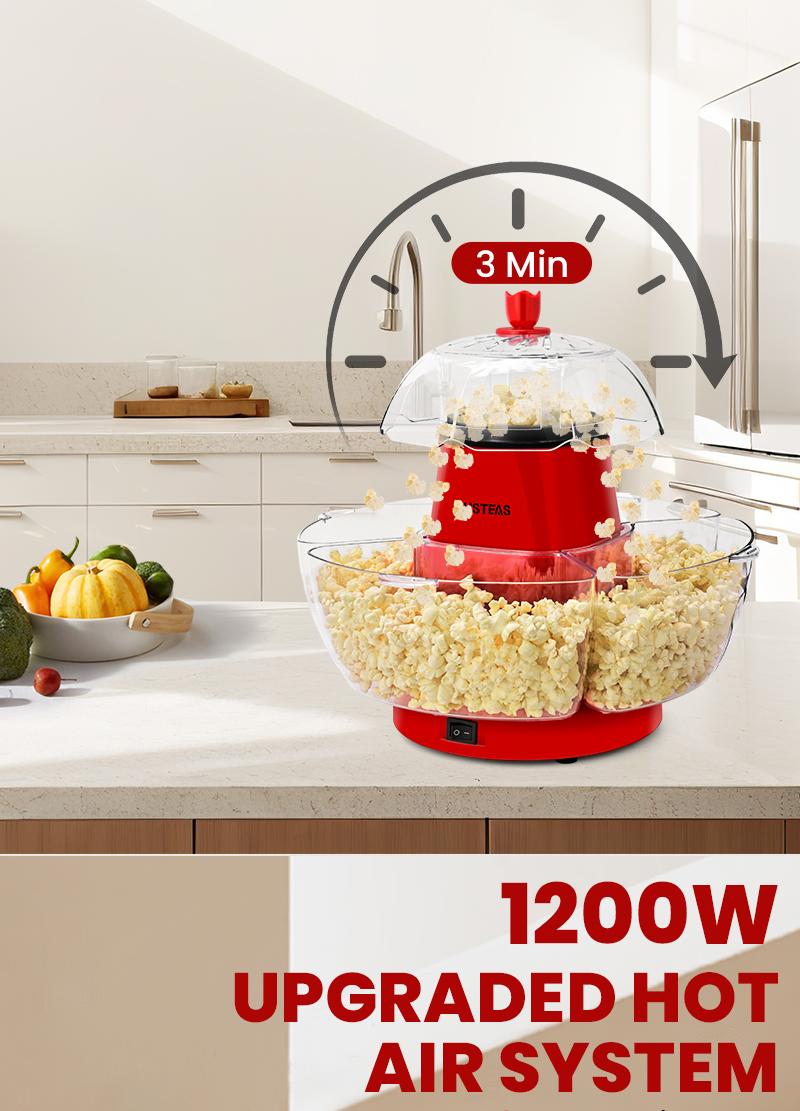 SUSTEAS American Hot Air Popcorn Maker, Electric Popcorn Maker with 4 Serving Bowls and Measuring Cup, Oil-Free, Crunchy & Crispy Quality Kitchen Appliance