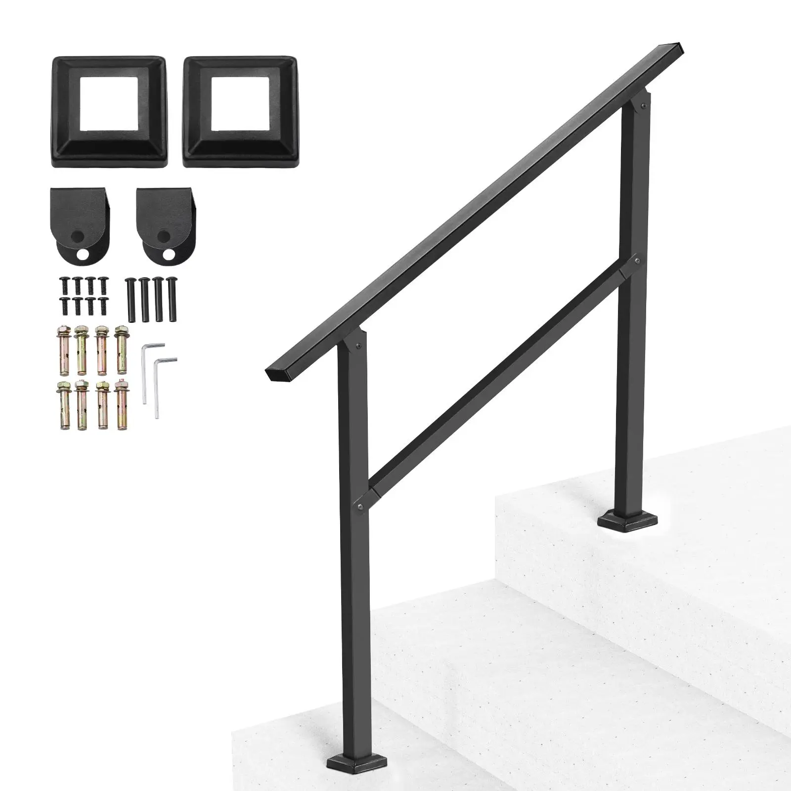 【SummerFinds】VEVOR Outdoor Handrails for Steps,  2-3 Step Stair Rail Kit, Black Square Tube with Horizontal Bar, Carbon Steel Support Rails for Seniors, Concrete & Deck Stairs, Easy Installation