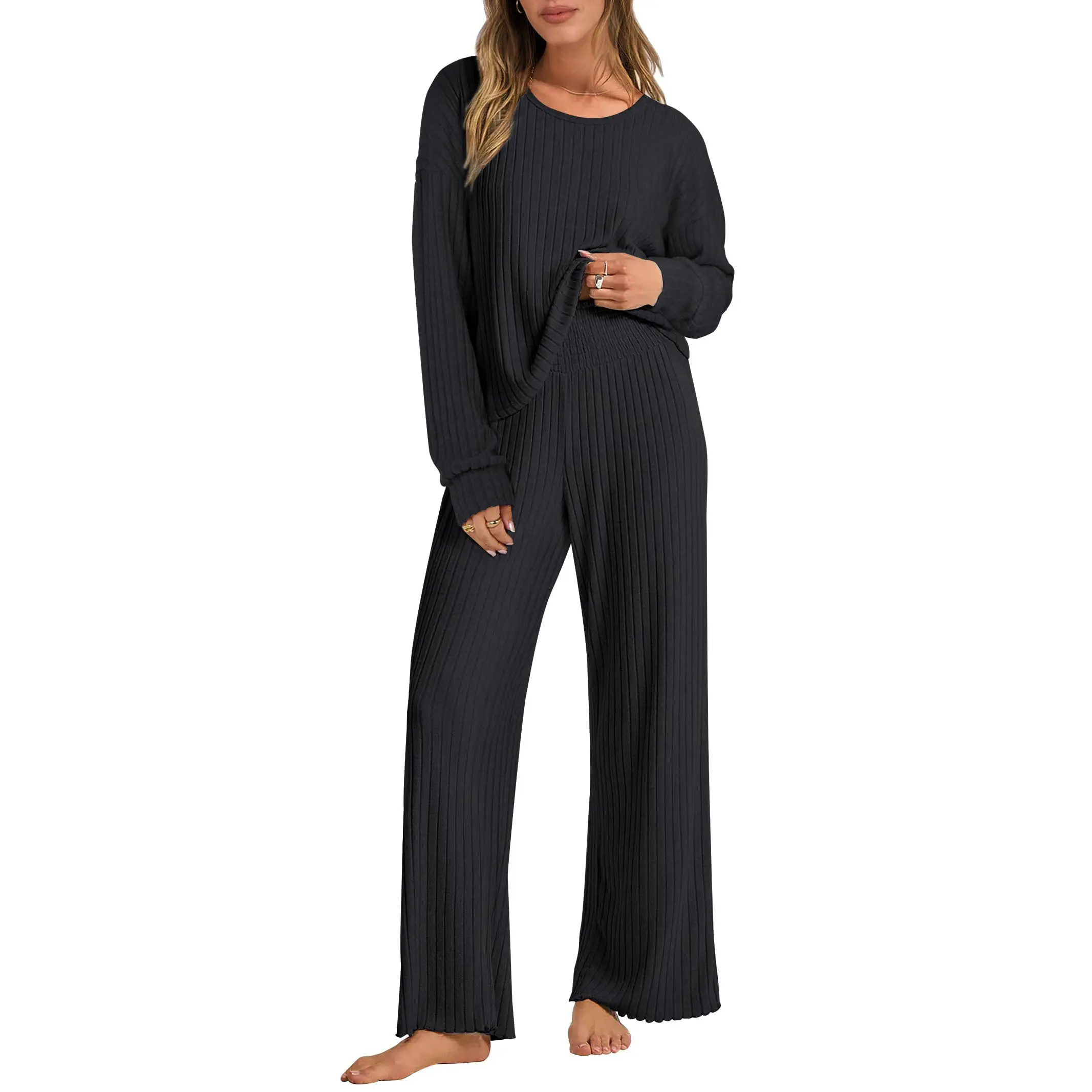 ANRABESS Women 2 Piece Lounge Pajamas Sets Casual Ribbed Knit Long Sleeve Top Pants Matching Set Fall Outfits Clothes Loungewear Womenswear Pjs