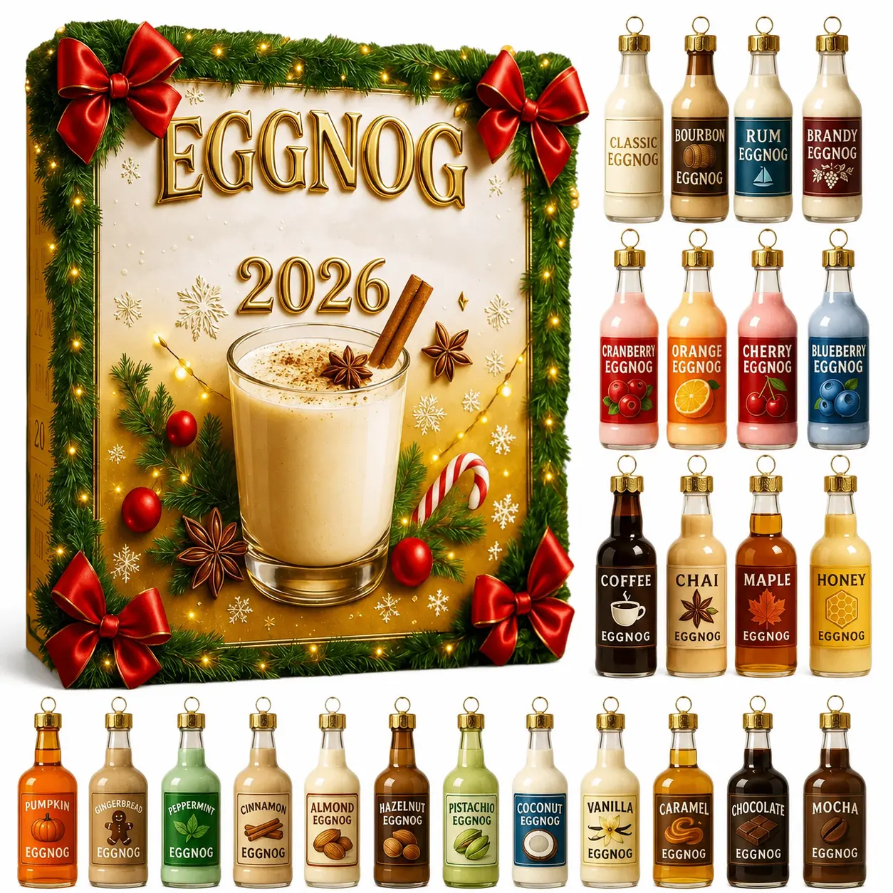 Eggnog Drink Theme Advent Calendar 2026 | 24 Days 2D Flat Acrylic Christmas Tree Ornaments | Festive Holiday Decor Gift for Men Women
