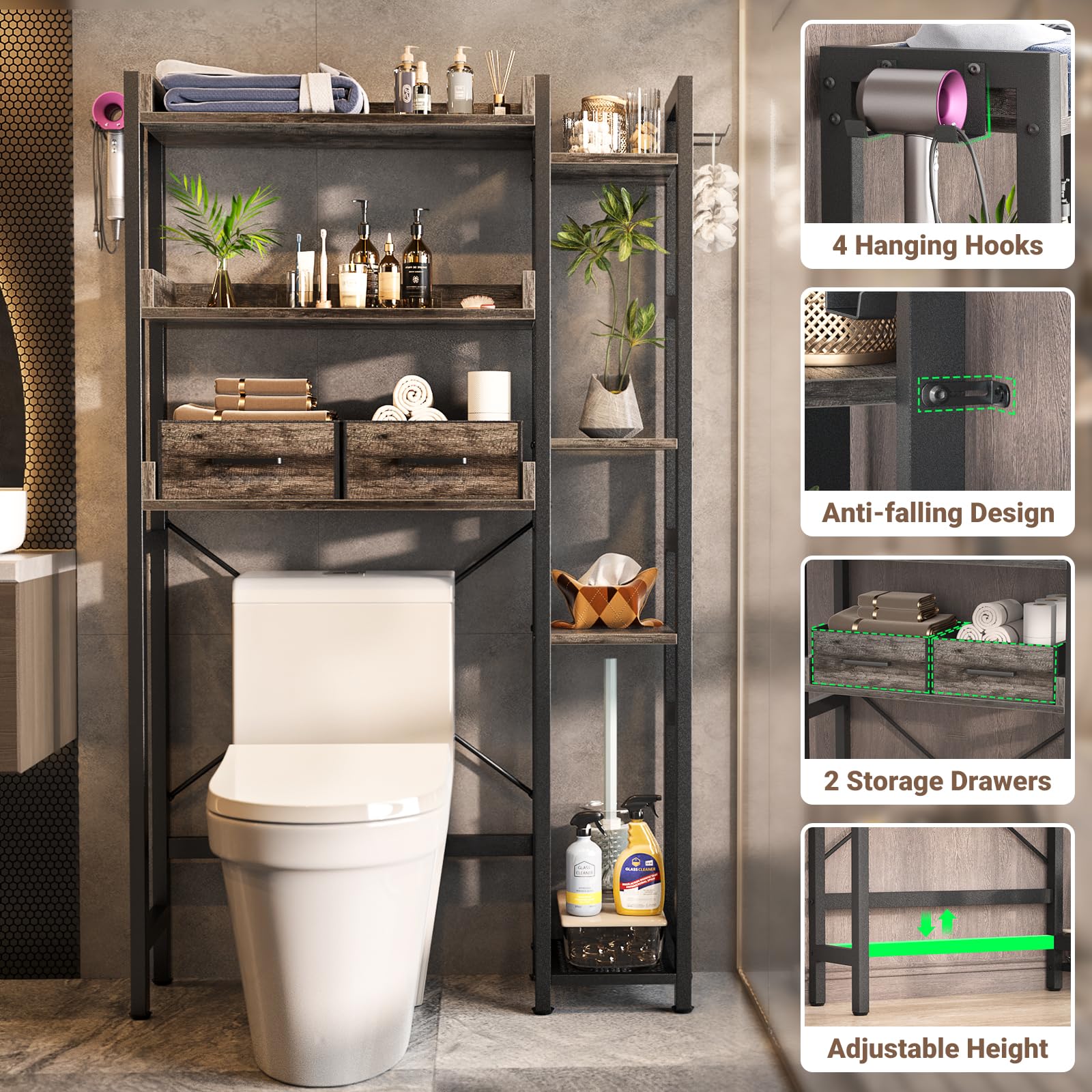 7-Tier Over The Toilet Storage Cabinet - Adjustable Shelves, Reversible Side Shelf, 2 Fabric Drawers, MDF Wood Metal Industrial Look Space Saver with Easy Setup for Small Spaces