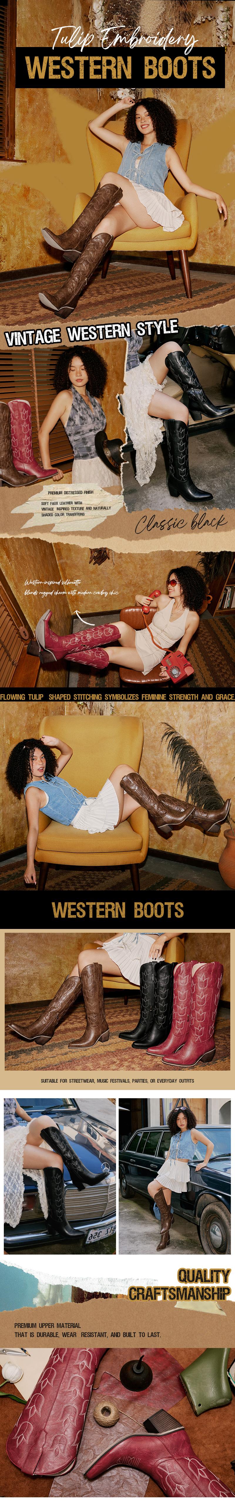 Wetkiss Tulip Embroidered Western Knee High Boots,Premium Durable Upper, 2.72in Block Heel,Retro Red/Brown/Black,All-Season Comfort for Women,Casual Style ,Women's Shoes,Women's Boots #TikTokShopSpringGlowUp