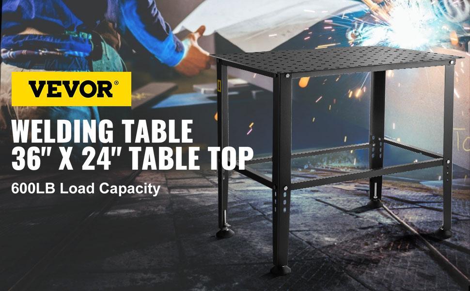 VEVOR Welding Table, 36" x 24" Steel Welding Workbench Table, 0.12-inch Thick Industrial Workbench, 600lb Loading Capacity Work Bench, Heavy Duty Carbon Steel Work Table with Adjustable Feet