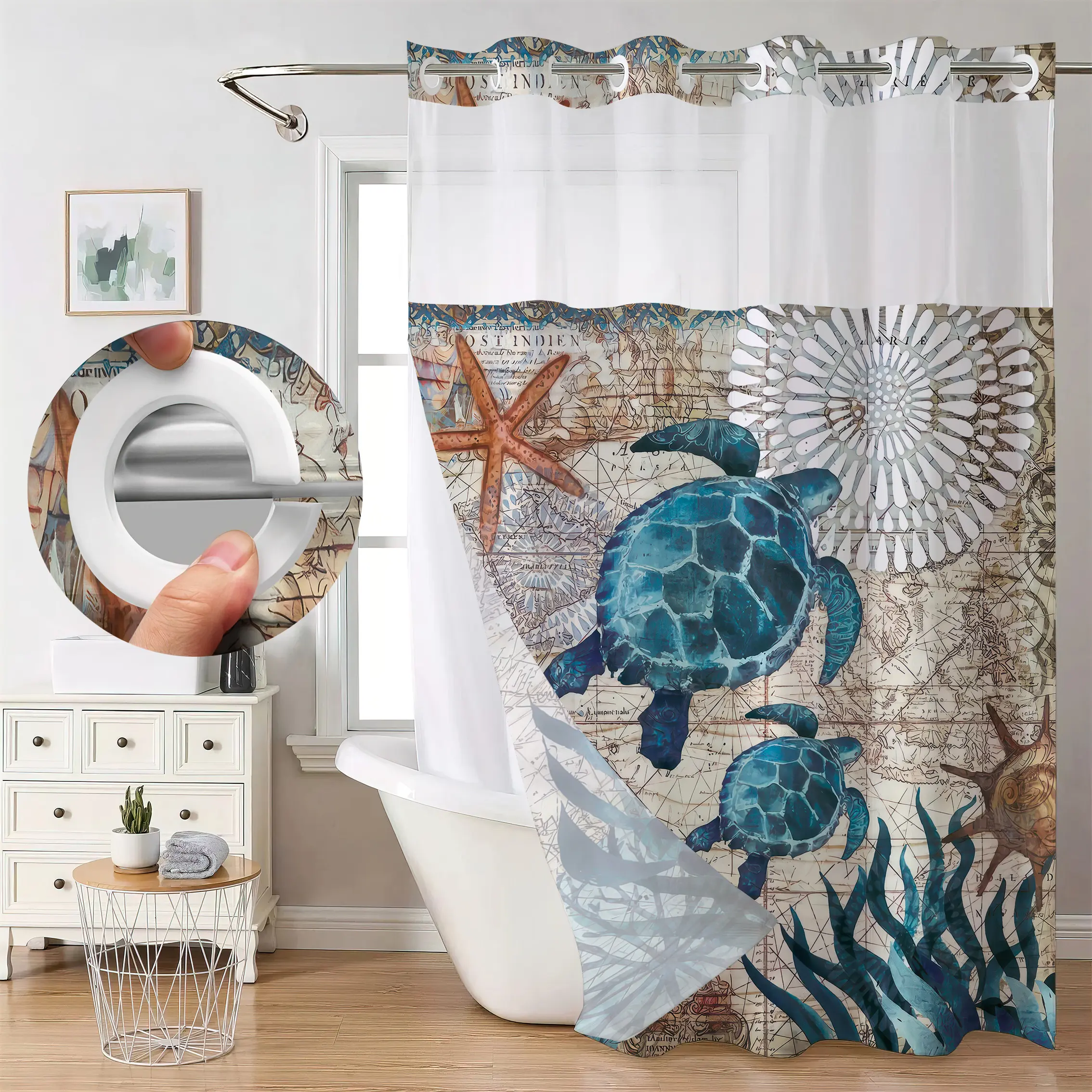 HD Digital Print Waffle Waterproof Hookless Shower Curtain and Liner with Double-Layer Snap-In Liner, Quick Installation, Decorative Bathroom Decor for Home, Hotel, Salon & Dormitory