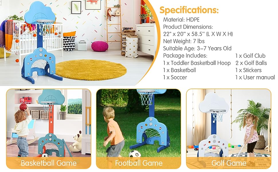 【Black Friday】Costzon Kids Basketball Hoop, Child Sports Activity Center w/ Adjustable Height Levels, Basketball Frame, for Indoor Outdoor