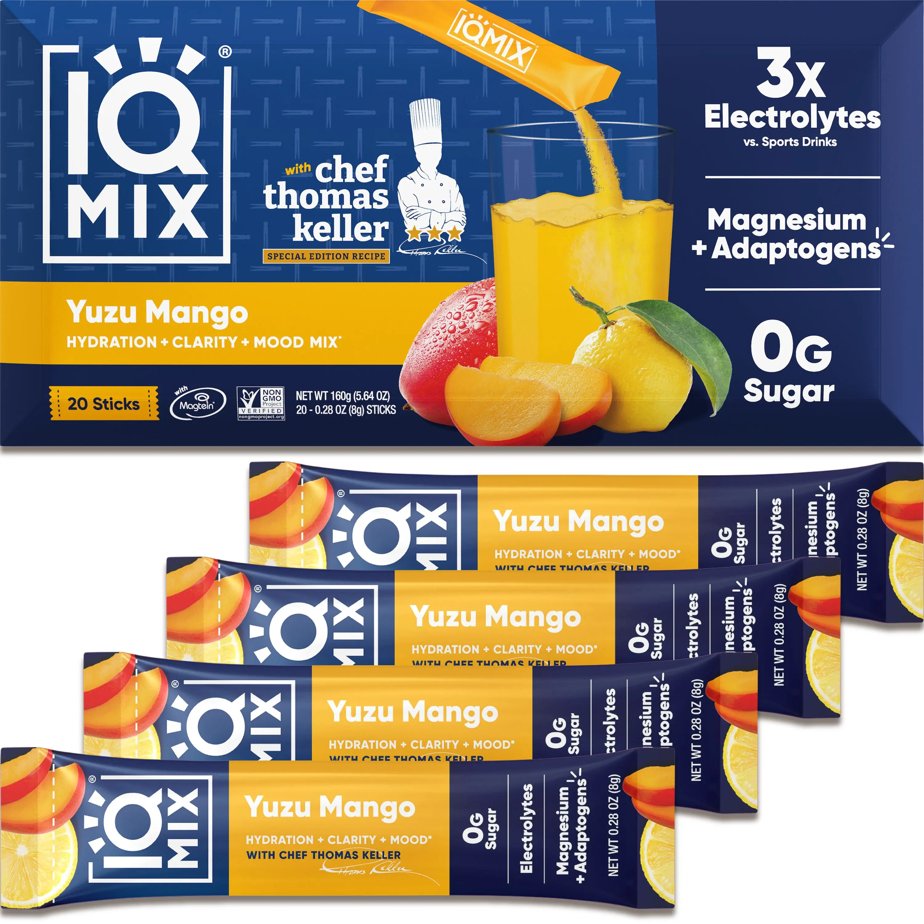 IQMIX x Chef Thomas Keller Yuzu Mango Hydration Electrolyte Dietary Protein Powder (20 Sticks) - 4-in-1 Gluten/Dairy/Sugar-Free Keto Healthier Choice with Magnesium L-Threonate, Lion’s Mane for Hydration, Mental Clarity, Mood, Recovery