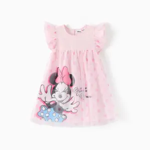 Disney Minnie Mouse Girls Tulle Dress - Pink Polka Dot Ruffle Sleeve Dress for Kids, Official Minnie Mouse Character Dress for Toddlers & Little Girls, Casual Party A-Line Dress