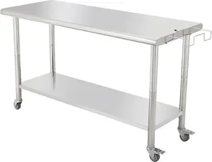 2-Tier Stainless Steel Table with Caster Wheels, Heavy Duty Metal Workbench with Removable Trash Rack, Food Prep Table for Warehouse, Outdoor, Garage