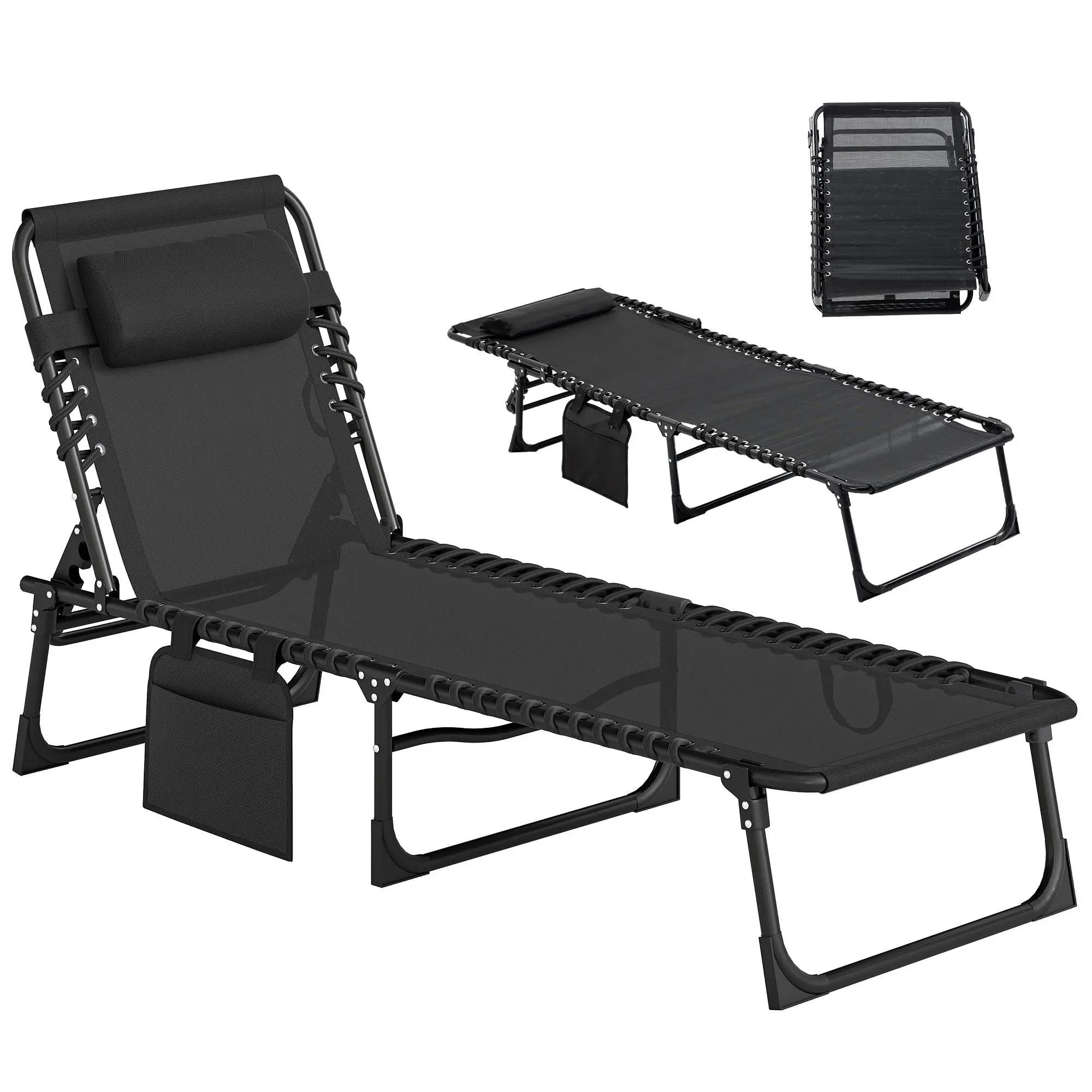 Outsunny Adults' Mesh Fabric Pool Lounge Chair - 5-Position Adjustable Back Sun Lounger, 264 lbs Capacity, Carrying Handle, Side Pocket, Removable Pillow, Folding Design, Non-Slip Footpads, 74.5in L x 22.75in W x 11.75in H for Relaxing Garden, Camp Use, P