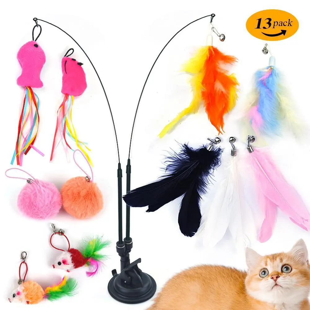 Cat Feather Fishing Pole Toy Set, 9 Counts/set Adjustable Cat Teaser Toy, Interactive Cat Teaser Toy, Pet Supplies for Indoor and Outdoor Playing, Interactive Kitten Wand