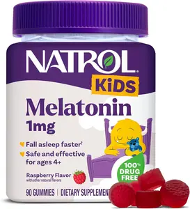Natrol Kids Melatonin Gummies 1mg, Children's Melatonin for Restful Sleep, 90 Raspberry-Flavored Sleep Gummies, 90 Day Supply Safe Chewable Dietary Supplement