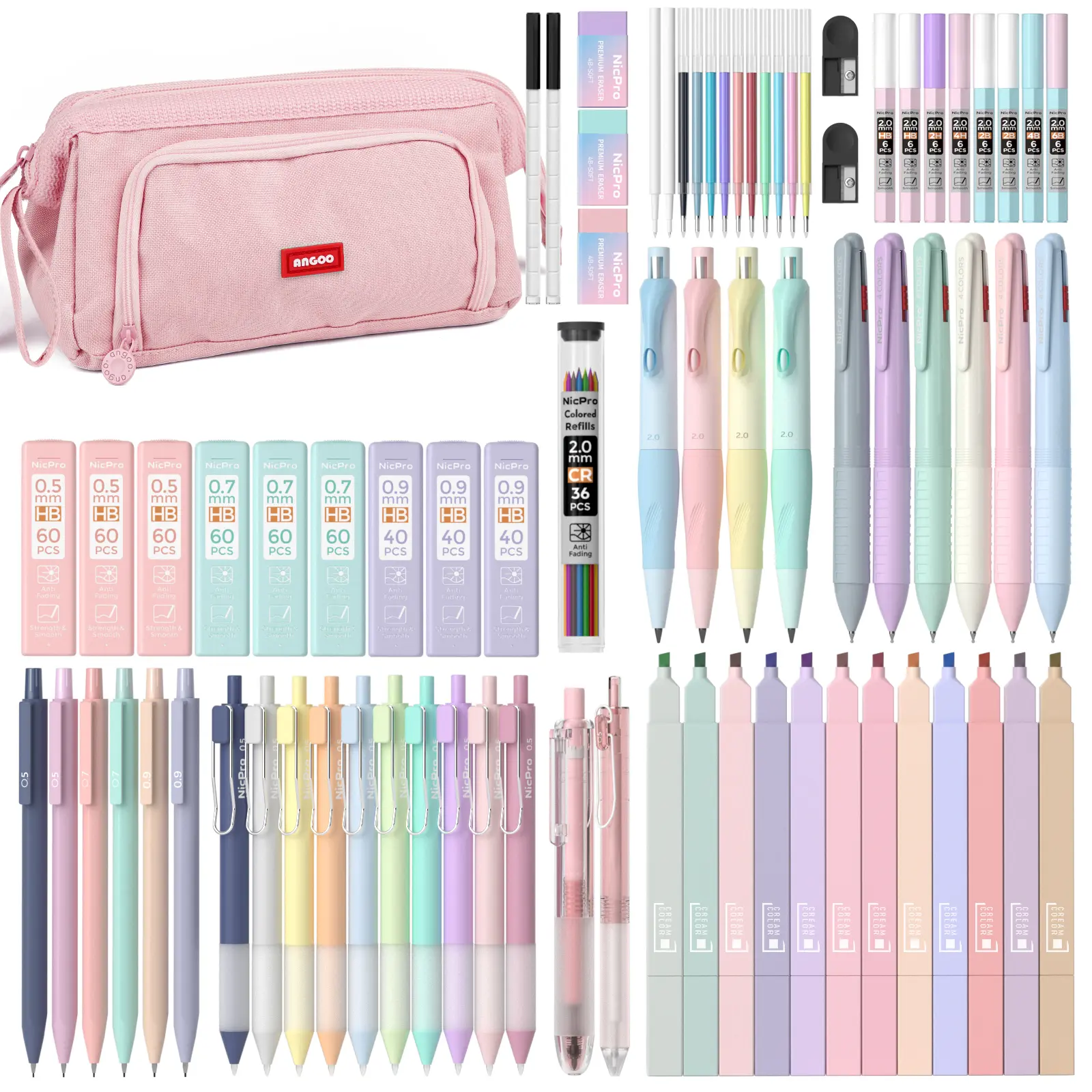Nicpro 78 PCS Aesthetic School Supplies with Cute Pen Case, 12 Pastel Highlighters, 12 Color & Black Ink Gel Pens, 10 Mechanical Pencils 0.5, 0.7, 0.9, 2.0 mm, 6 Ballpoint Pen for Student Stationary,back to school,back to school shopping