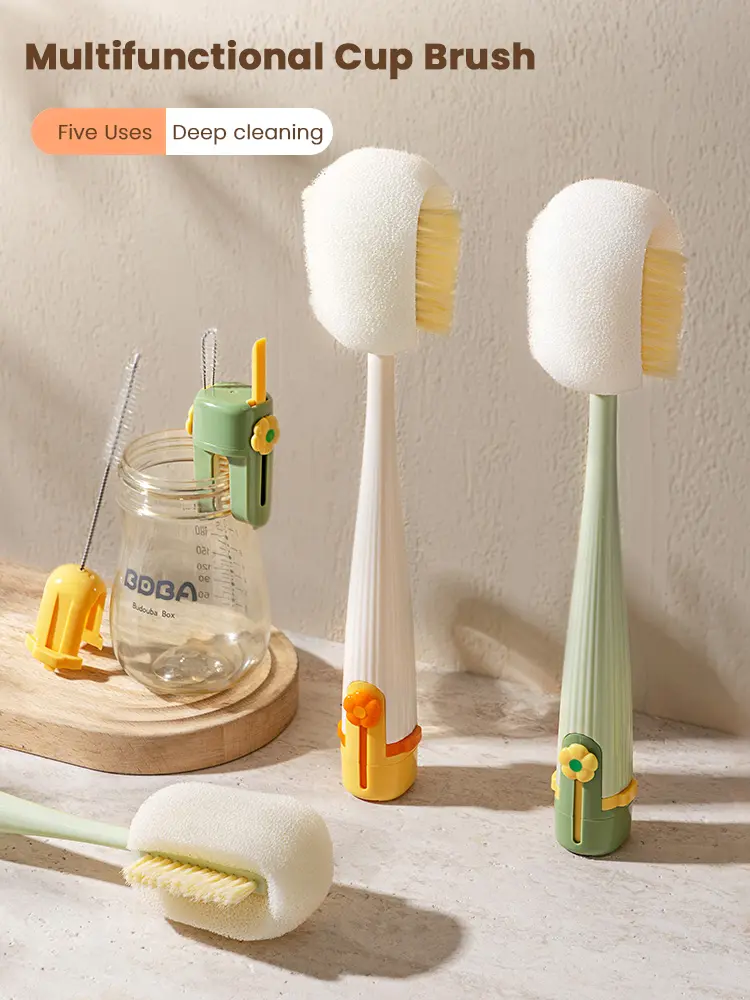 5 in 1 Bottle Cleaning Brush Kit, Long Handle Multifunctional Kitchen Cleaner Brush, Hard Bristle Sponge Scrubber Head for Water Bottles Mugs Lids, Portable Cup Washing Tools 2 Pack