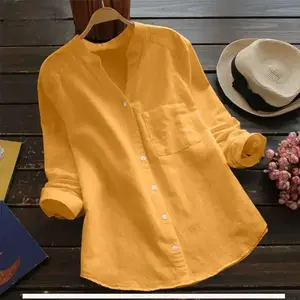 Women new retro cotton linen shirt loose solid color casual shirt  Peng