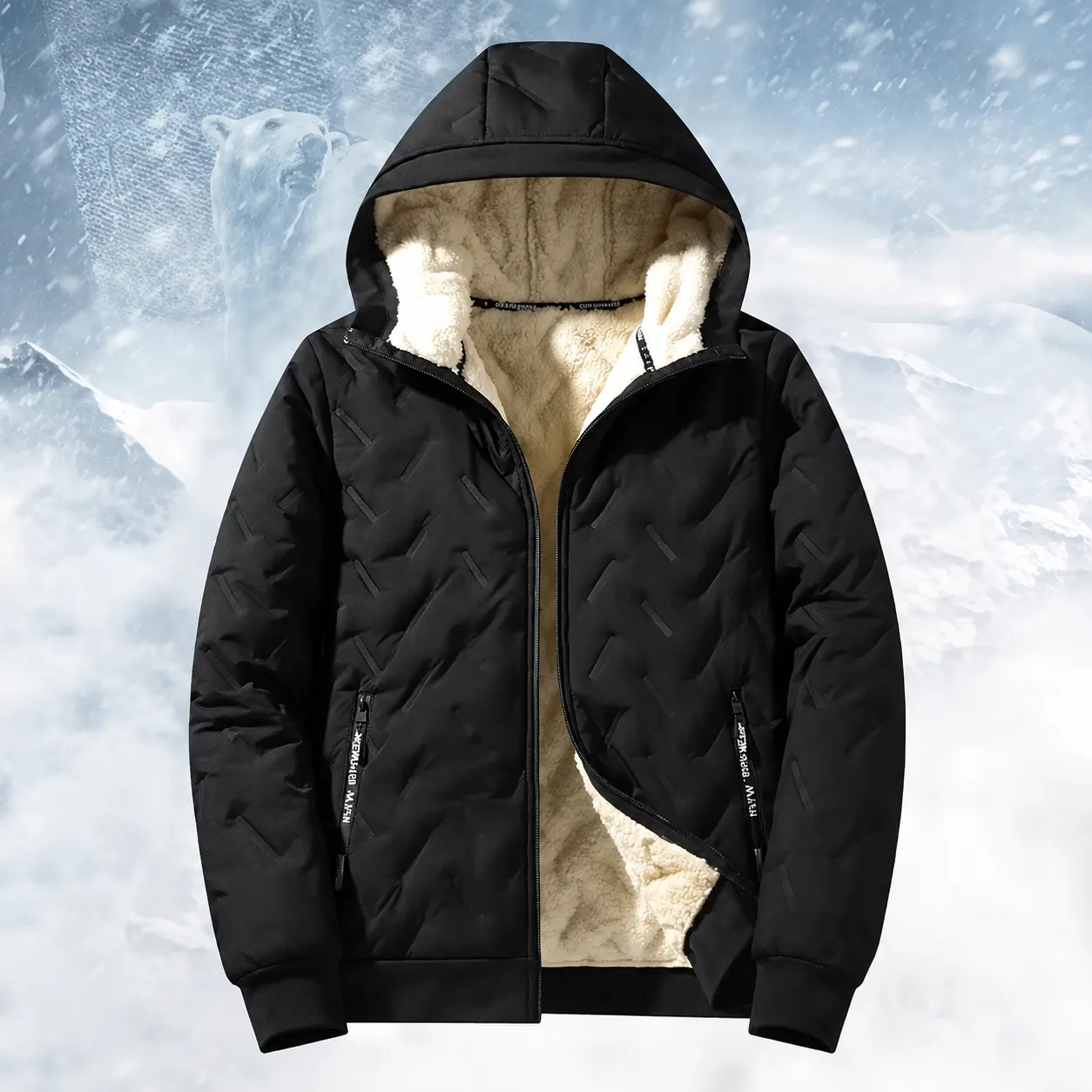 Men's Winter Heavyweight Fleece Lined Jacket Thermal Reflective Lining Warm Sherpa Hooded Coat Windproof Outerwear Geometric Textured Full Zip Hoodie with Zipper Pockets Casual Streetwear Padded Bomber Jacket Cold Weather Black