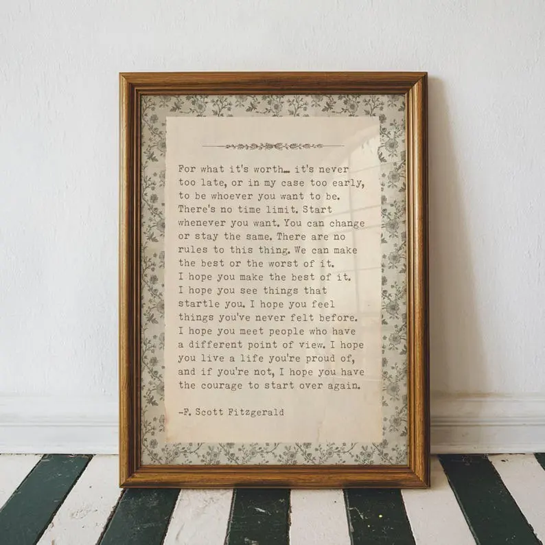 Vintage For What it's Worth Print F. Scott Fitzgerald Quote Print Unframed Vintage For What it's Worth Print F. Scott Fitzgerald Quote Print Unframed