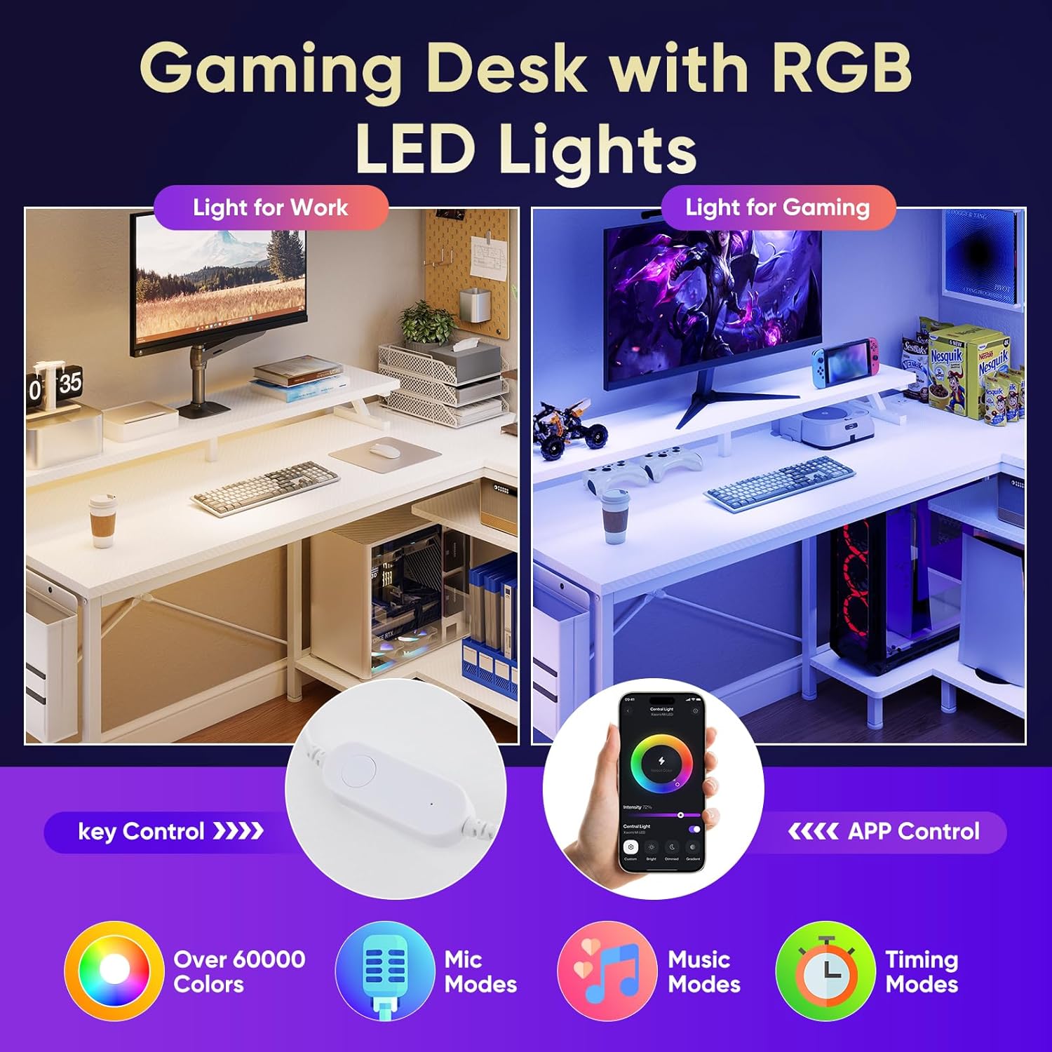 L Shaped Computer Desk with Power Outlets & USB Ports, 40"/48" Reversible Corner Desk with LED Lights, Storage Shelves & Monitor Stand for Home Office & Study, Black / White