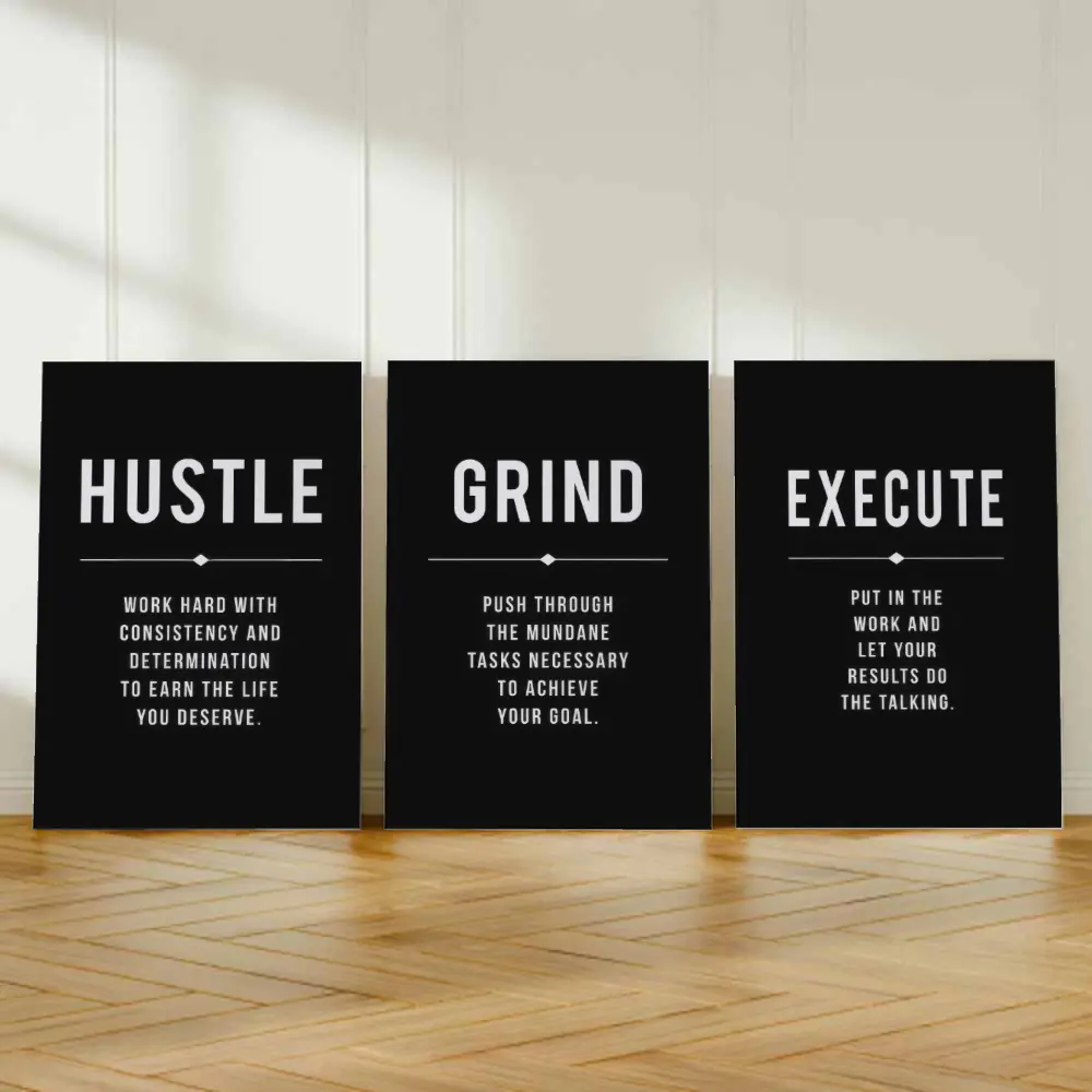 Set Of 3 Pieces Hustle & Grind & Execute Motivational Poster Canvas Print, Walll Decor For Office Study Room Nursery living Room Children Bedroom