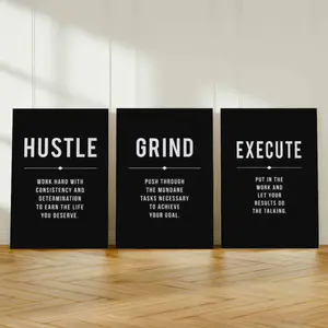 Set Of 3 Pieces Hustle & Grind & Execute Motivational Poster Canvas Print, Walll Decor For Office Study Room Nursery living Room Children Bedroom