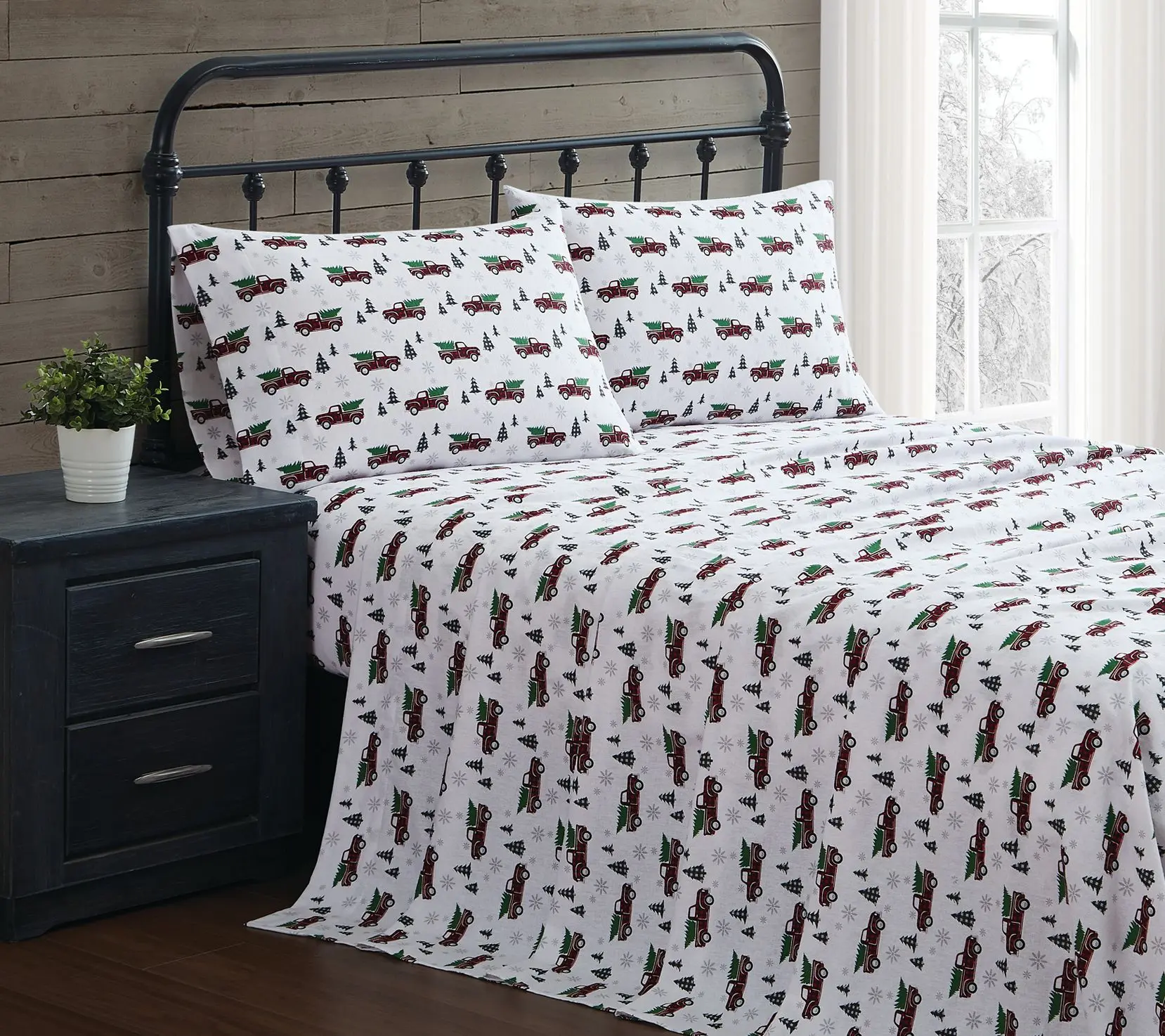 Truly Soft Holiday Truck King Flannel Sheet Set