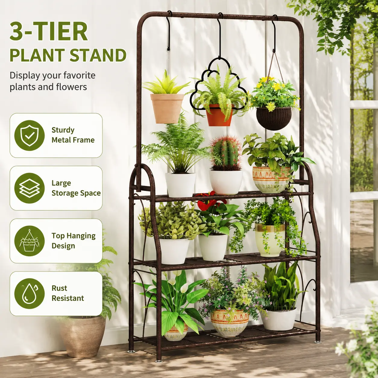 3 Tier Metal Corner Plant Stand - Waterproof, Corrosion-Resistant Home Organizer Rack with Large Capacity, Iron Feels Sturdy and Lasting, for Gardens, Closet Storage, Shoe Rack + Shelf, Small Room Ideas, Plants
